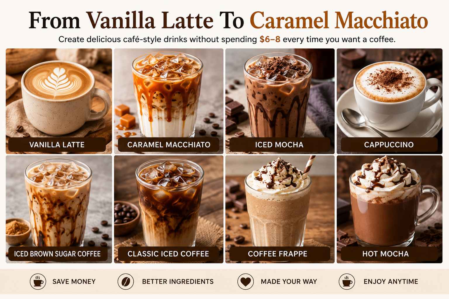 Eight café-style coffee drinks you can make at home: vanilla latte, caramel macchiato, iced mocha, cappuccino, brown sugar iced coffee, classic iced coffee, frappé, hot mocha